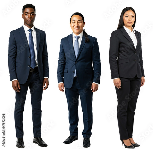 Fototapeta Three diverse young adult professionals, a Black man, an Asian man, and an Asian woman, stand confidently in formal business suits against a plain transparent background.