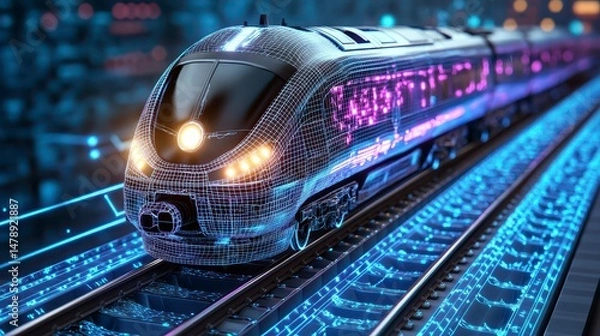 Fototapeta Futuristic High Speed Train with Digital Circuit Pattern on Tracks at Night
