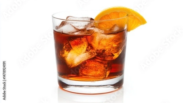Fototapeta Refreshing Old Fashioned Cocktail Close Up Studio Shot on White Background with Orange Slice Garnish and Ice Cubes in Glass