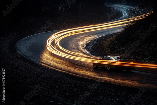 Obraz Car enters a sharp turn, leaving spectacular light streaks on a dark road
