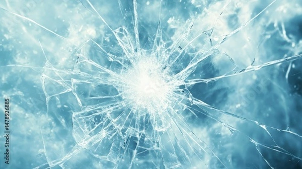 Obraz Shattered glass with a central impact point, radiating cracks, and a cool blue tone.