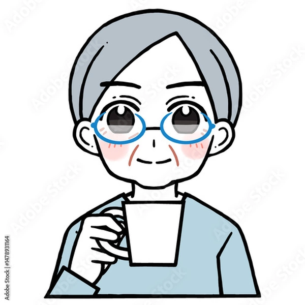 Obraz コップを持つ眼鏡の老人男性のイラスト