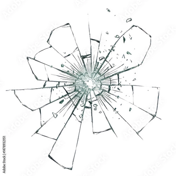 Fototapeta A cracked glass pane explodes with radial fractures against a dark, high-contrast backdrop