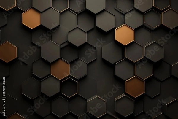 Fototapeta Dark honeycomb pattern with copper accents.  Hexagon shapes interlock in a  geometric design