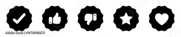 Fototapeta Set of badge icons featuring a check mark, thumbs up, star, and heart symbol. Ideal for app UI, web design, badges, and digital reward systems. Badge, icons, vector.
