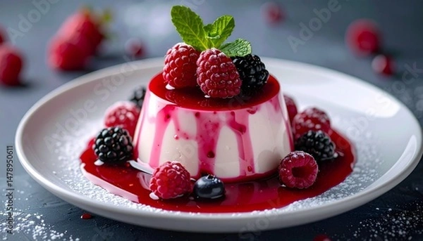 Fototapeta berry pudding with cream in plate at photo studio