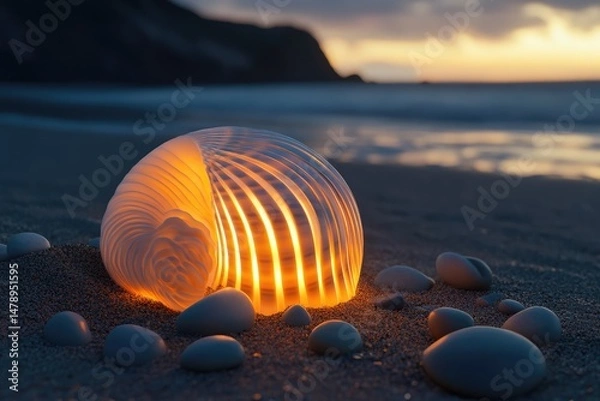 Fototapeta Illuminated seashell on a sandy beach at dawn.  