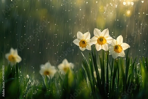 Fototapeta Delicate Daffodils in Spring Rain