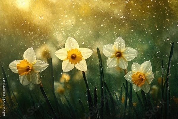 Fototapeta Daffodils in a sunlit rain shower