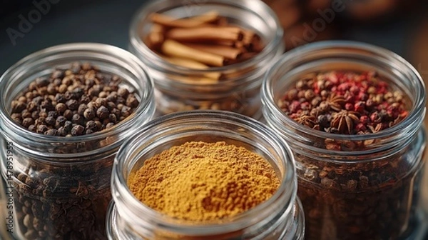 Fototapeta A close-up shot of spices in glass jars, highlighting the variety and intricate details.
