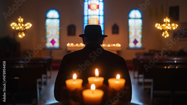 Obraz a rabbi leads a Havdalah ceremony in a small synagogue with his community, the typical Havdalah garland candles burn brightly in the center of the room, Ai generated images