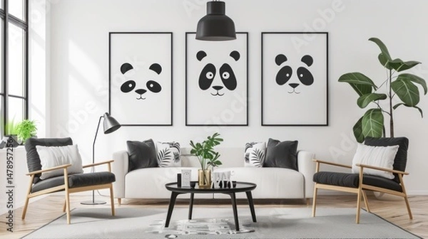 Fototapeta A living room with a white sofa, two armchairs, and three panda prints on the wall