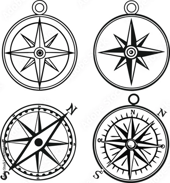 Obraz A vintage vector illustration showcases a set of compass icons with a retro design, evoking a sense of travel and exploration, unlike a bicycle wheel or tire