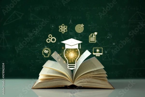 Obraz AI Artificial Intelligence for Education technology concept, E-learning technology, light bulb icon on an open book on a blackboard with education icons. online learning, E-book. certificates, webinar