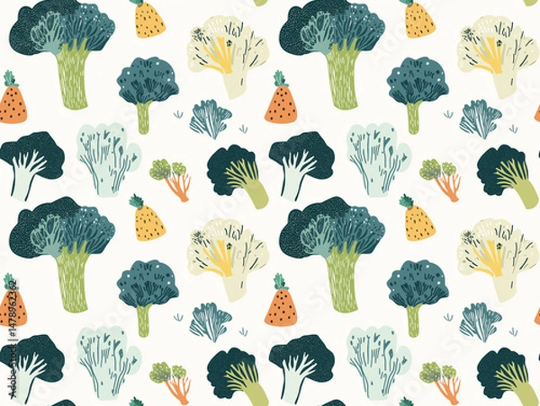 Fototapeta Whimsical veggie pattern, Cute broccoli and carrots