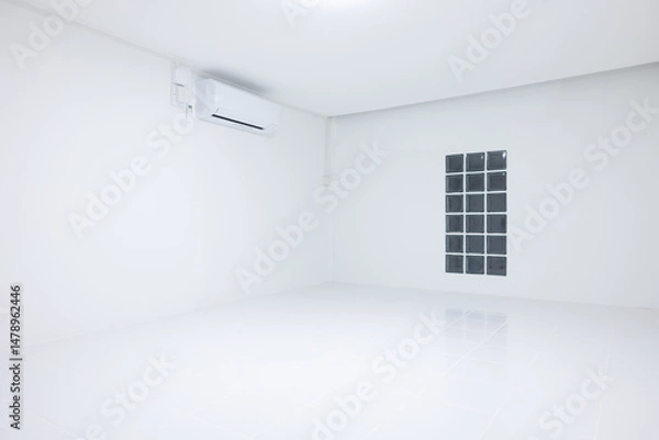 Fototapeta Empty room with square white tile floor texture pattern in perspective at night. Include glass block wall, air conditioner. Clean shiny surface. Modern interior home design suit for background.