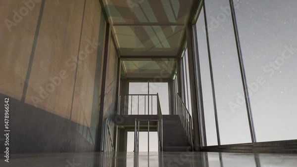 Fototapeta Staircase in a building with large windows. The light is coming through from the windows. Premium photo 3d render.