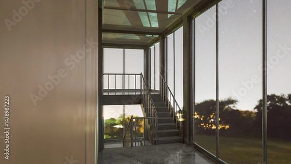 Obraz Staircase in a building with large windows. The light is coming through from the windows. Premium photo 3d render.