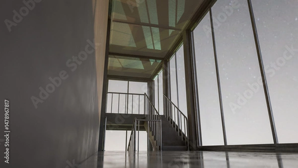 Fototapeta Staircase in a building with large windows. The light is coming through from the windows. Premium photo 3d render.