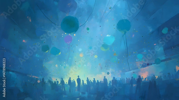 Obraz A candid celebration scene with people tossing confetti skyward, balloons clustering at ceiling level, and dense streamers dangling like vines. The room pulses with movement and light, highlighting