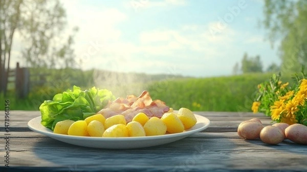 Fototapeta Potatoes, bacon and salad leaves on ceramic plate on wooden table with countryside view