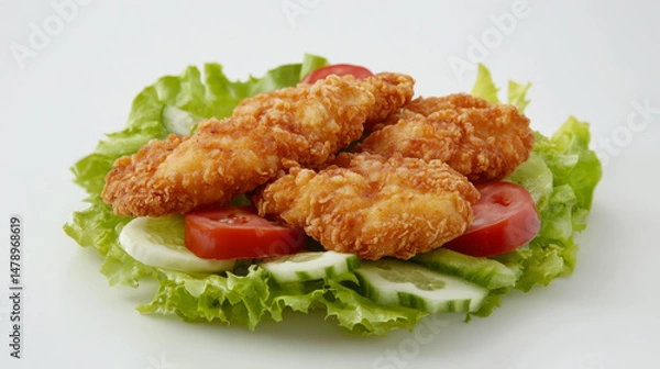 Fototapeta Crispy chicken cutlet served bed of fresh salad with tomatoes and cucumbers, deliciously