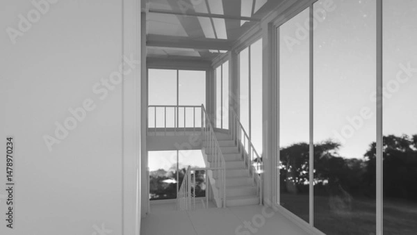 Fototapeta Staircase in a building with large windows. The light is coming through from the windows. Premium photo 3d render.
