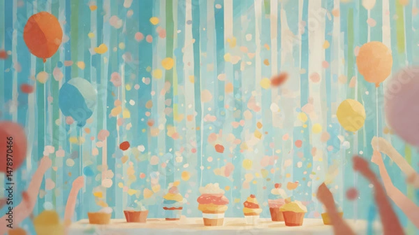 Obraz A close-up scene of a table surrounded by guests reaching for cupcakes, with background details of floating balloons and vertical streamers. Confetti fills the air, blurring in mid-motion, adding