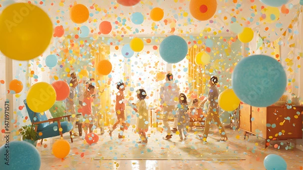 Obraz A childâ€™s birthday party in full swing inside a bright living room filled with color. Balloons in polka dots and solids float above, streamers hang like vines, and confetti flutters down around