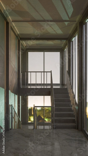 Fototapeta Staircase in a building with large windows. The light is coming through from the windows. Premium photo 3d render.