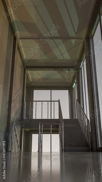 Fototapeta Staircase in a building with large windows. The light is coming through from the windows. Premium photo 3d render.