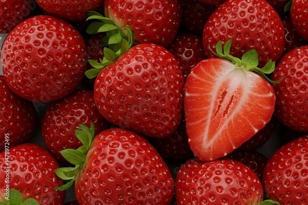 Fototapeta Close-up image of fresh ripe strawberries with one cut in half, showcasing juicy texture and vibrant red color. Perfect for concepts of healthy eating, nutrition, freshness, and organic food.
