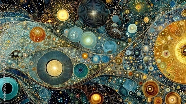 Fototapeta Cosmic data swirl with glowing celestial spheres, perfect cosmic data swirl design for futuristic science, astronomy visuals, and abstract tech art