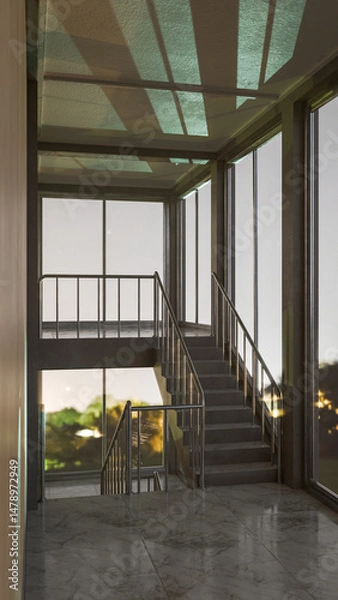 Fototapeta Staircase in a building with large windows. The light is coming through from the windows. Premium photo 3d render.