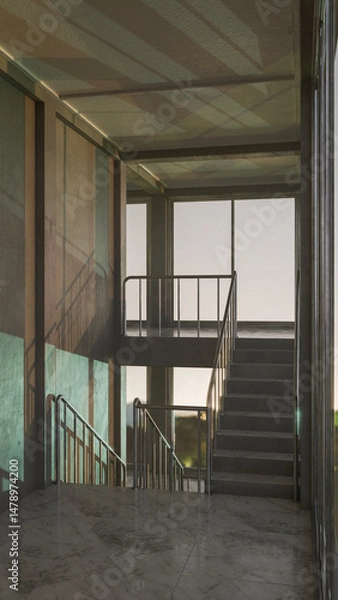 Fototapeta Staircase in a building with large windows. The light is coming through from the windows. Premium photo 3d render.