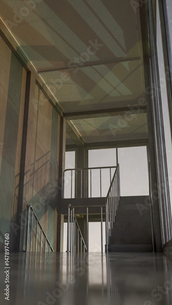 Fototapeta Staircase in a building with large windows. The light is coming through from the windows. Premium photo 3d render.