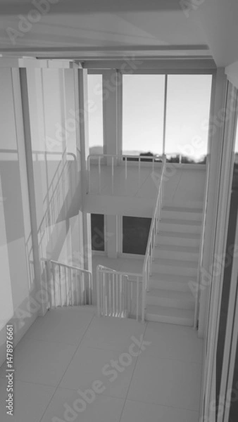 Fototapeta Staircase in a building with large windows. The light is coming through from the windows. Premium photo 3d render.