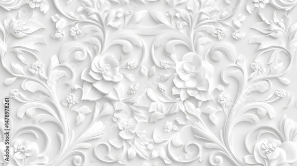 Obraz Elegant white floral 3D embossed pattern background texture.