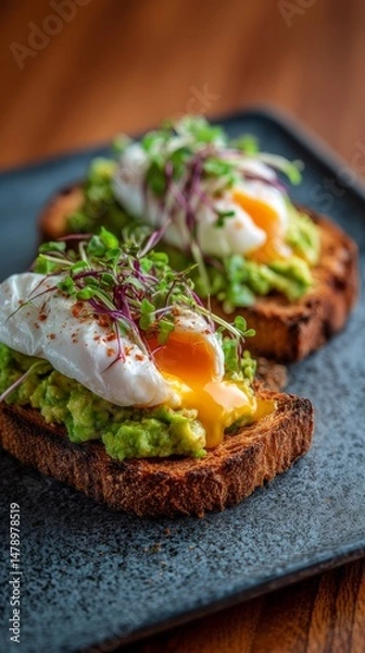 Fototapeta Gourmet avocado toast with poached eggs and microgreens on rustic bread