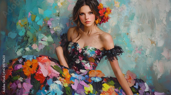 Fototapeta Portrait of a Woman in a Colorful Floral Gown
