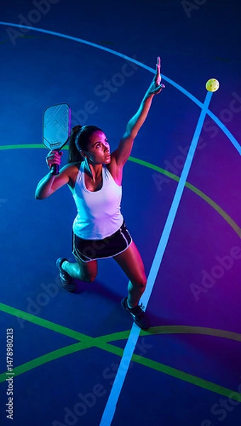 Fototapeta Dynamic Female Pickleball Player Serving with Power and Precision on Vibrant Court