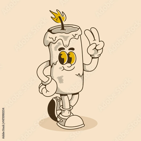 Fototapeta Cute Candle Character with Peace Hand Pose in Retro Style