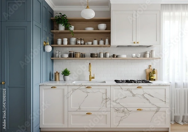 Fototapeta This photograph captures a stylish kitchen with white cabinets, gold accents in the hardware and faucets, a white marble-look island with a blue base, and a modern pendant light overhead