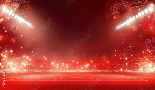 Fototapeta Festive stadium scene illuminated by fireworks and spotlights.