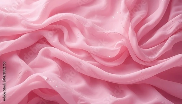 Fototapeta Pink Silk Fabric Texture: A Close-Up of Delicate Drapes and Water Droplets