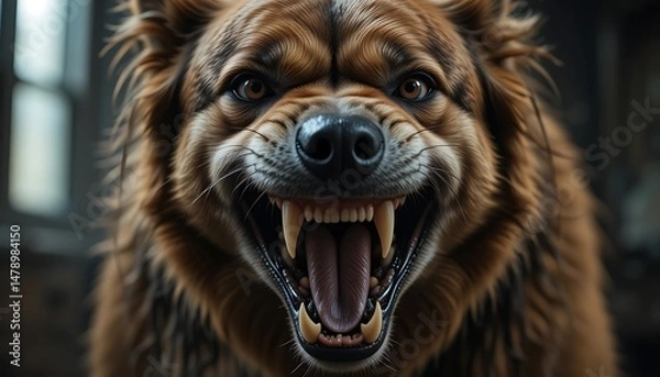 Fototapeta Aggressive Canine Portrait: A Close-Up of a Growling Dog