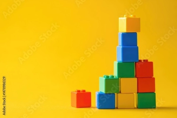 Obraz Colorful building blocks stacked in a unique formation against a vibrant yellow background