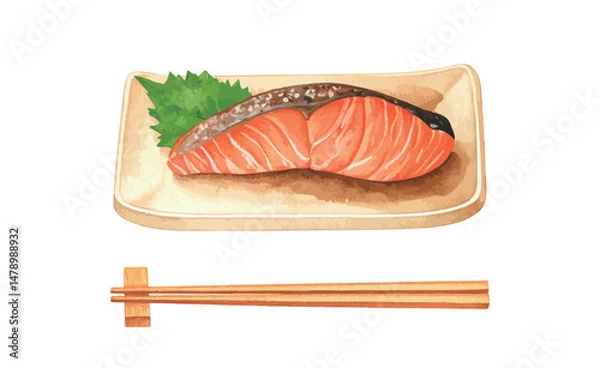 Obraz 焼き鮭とお箸の水彩風イラストセット　生成AI