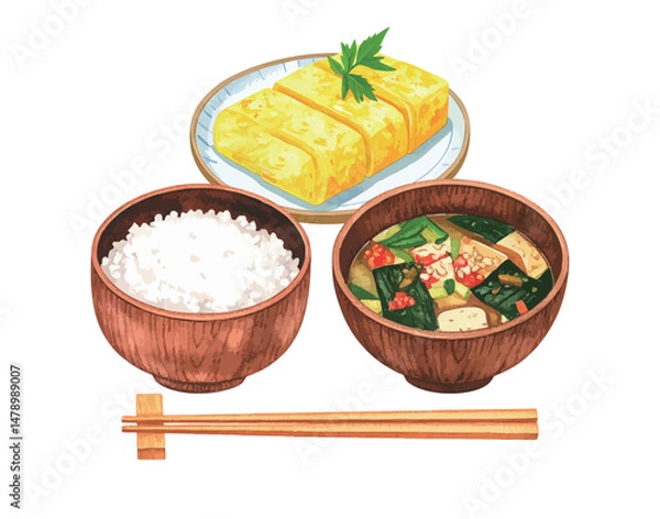 Fototapeta 水彩風の日本の朝食イラスト　生成AI