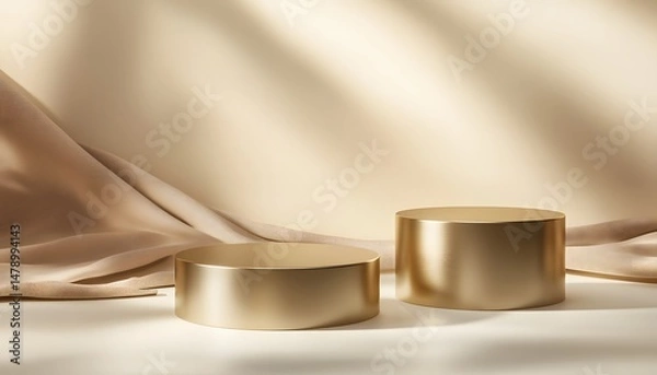 Fototapeta Elegant gold display podiums in a soft beige background.